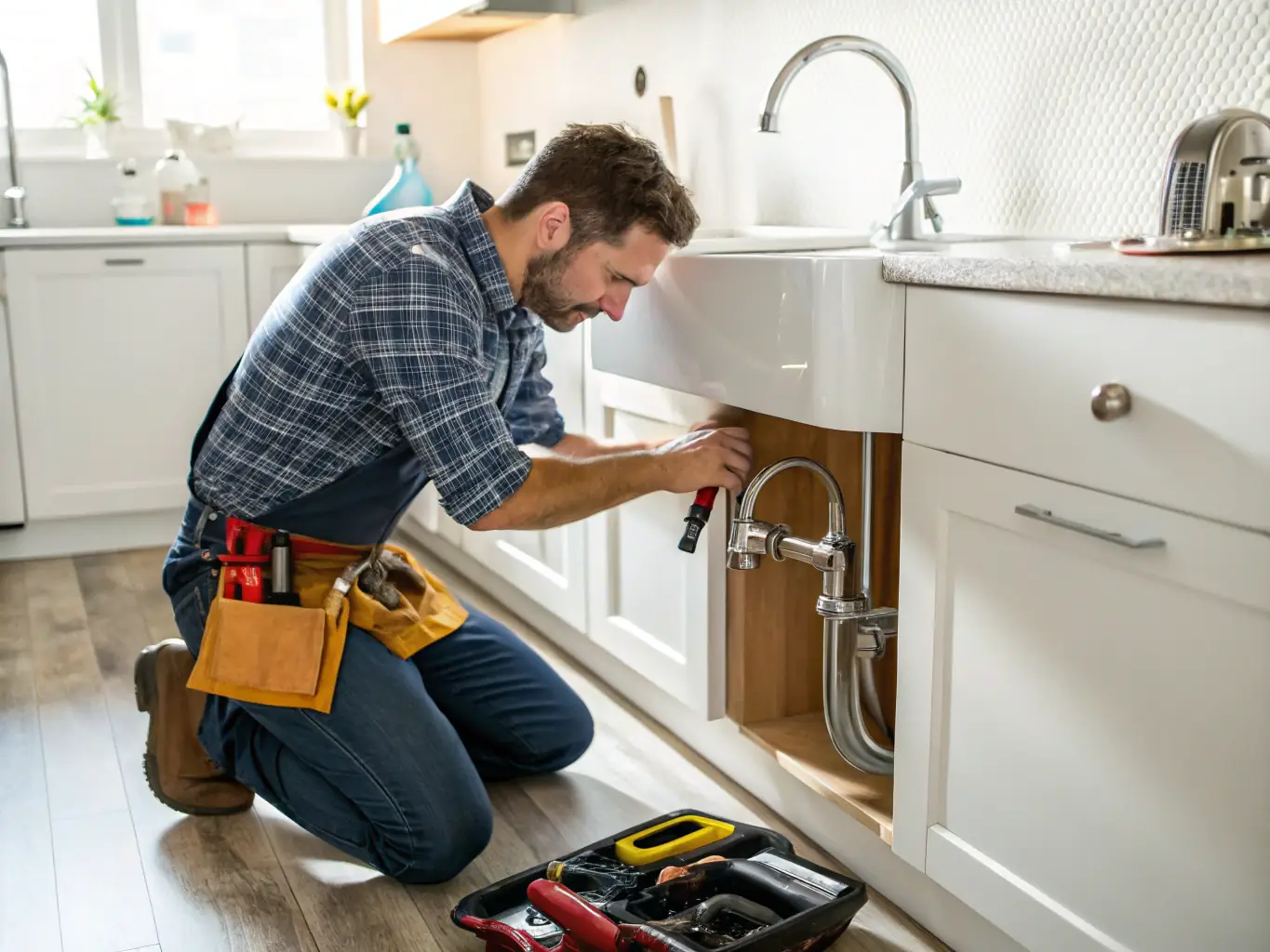 A handyman fixing a leaky faucet in a kitchen, showcasing Sam The Handyman's home repair services.